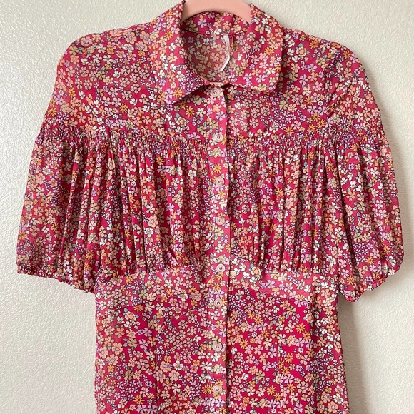 Free People Mini Shirt Dress Small Pink Bonnie Floral Puff Sleeve Bonnie NEW - Picture 5 of 14